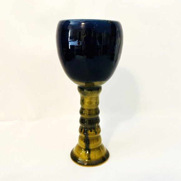 Handcrafted Pottery Cobalt Blue & Brown Glazed Stem Goblet Two-Tone Stoneware - Picture 7 of 8